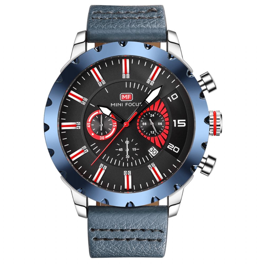 Mini Focus Mf0079G Multifunctioneel Heren Polshorloge Chronograaf Lederen Band Quartz Horloge