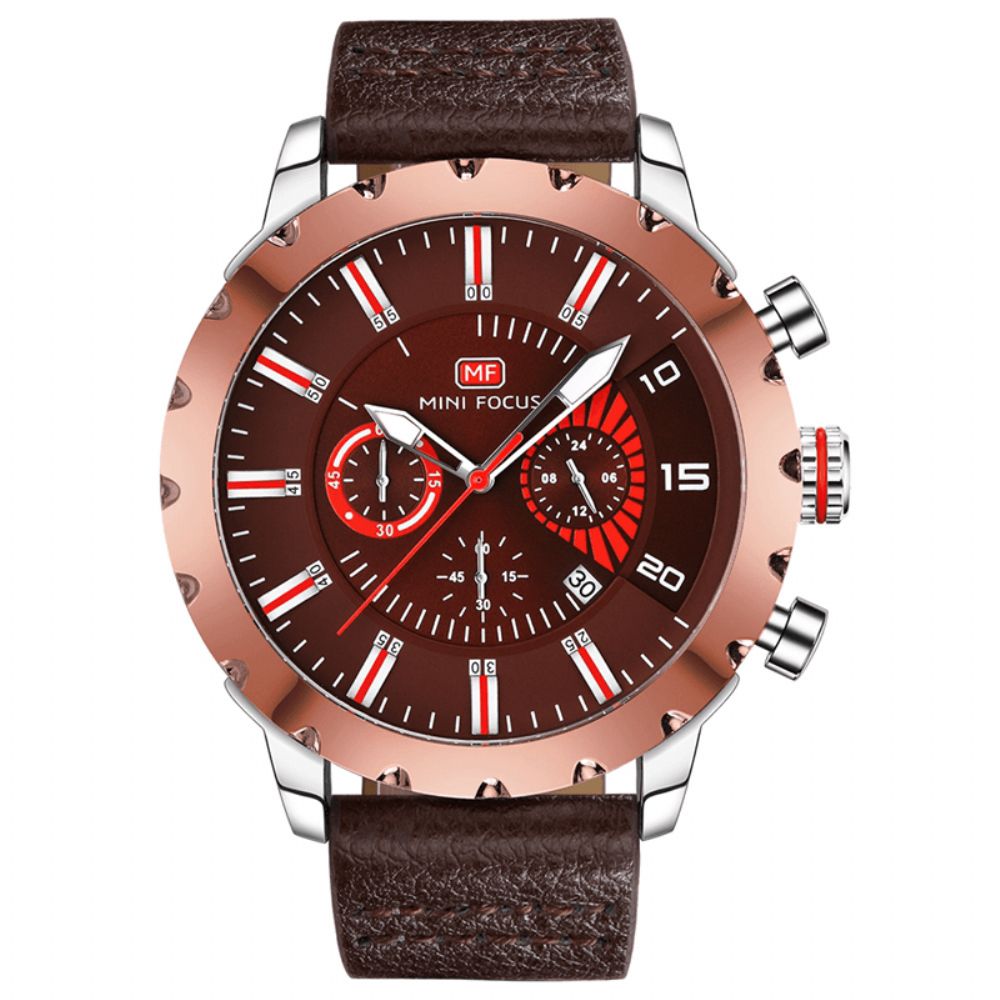 Mini Focus Mf0079G Multifunctioneel Heren Polshorloge Chronograaf Lederen Band Quartz Horloge