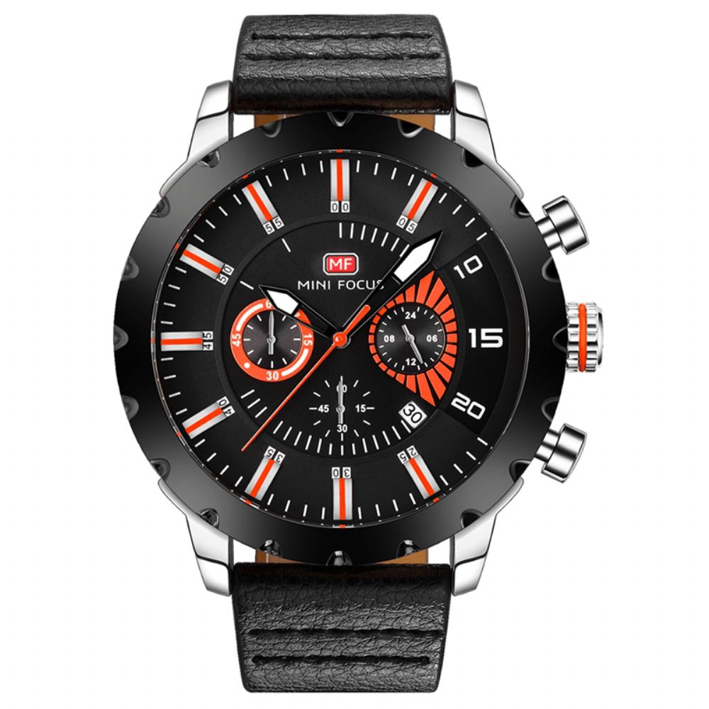 Mini Focus Mf0079G Multifunctioneel Heren Polshorloge Chronograaf Lederen Band Quartz Horloge