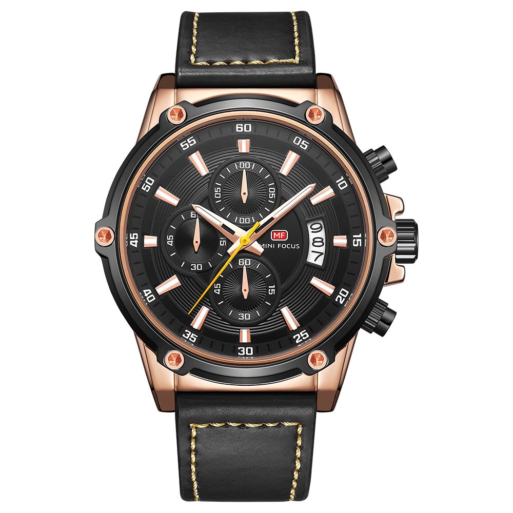 Mini Focus Mf0175G Militaire Stijl Lichtgevende Datum Lederen Band Heren Polshorloge Quartz Horloge