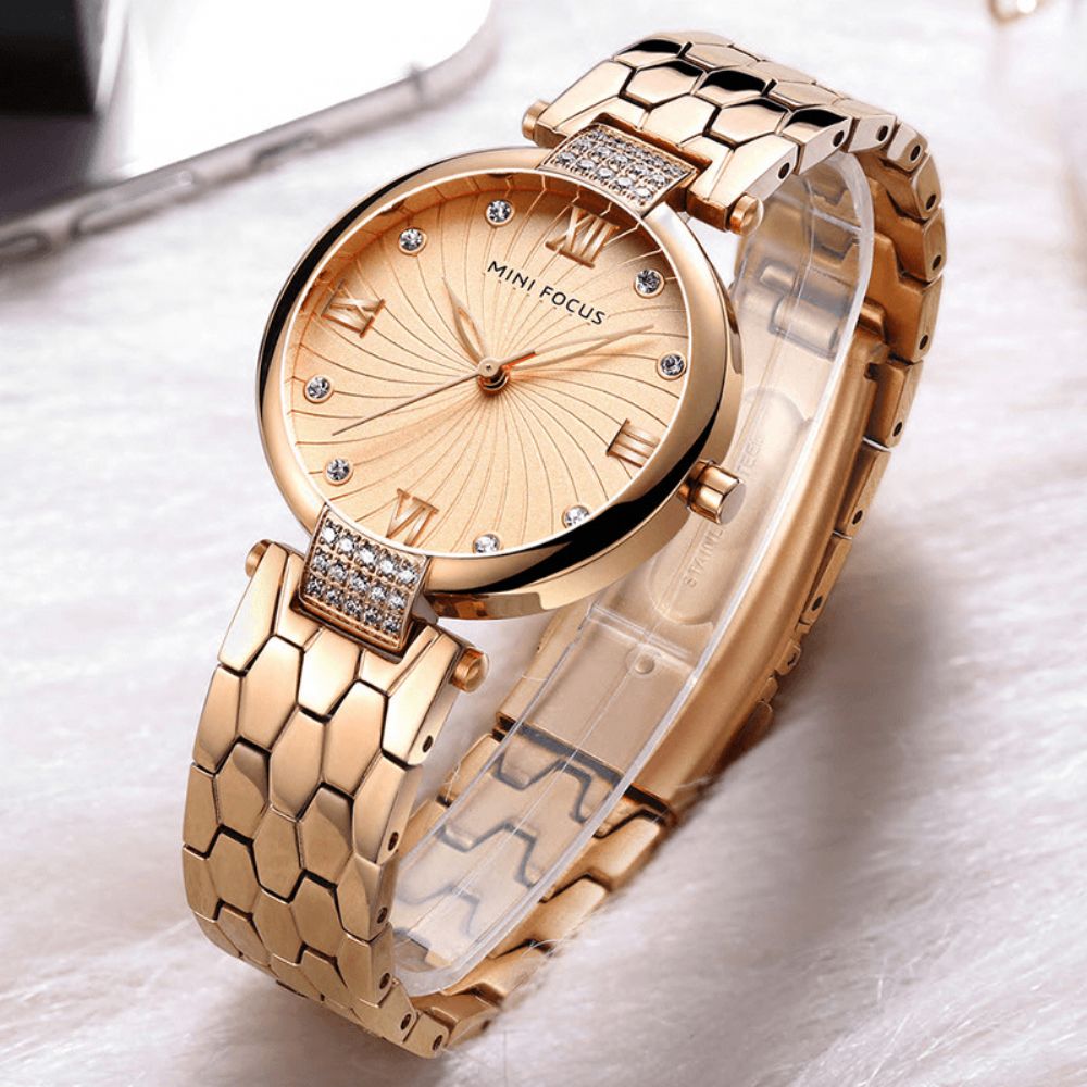 Mini Focus Mf0186 Volledig Stalen Band Quartz Horloge Crystal Dames Polshorloge