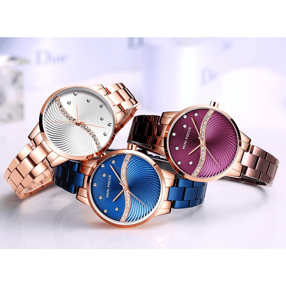 Mini Focus Mf0263L Simple Deign Elegant Crystal Dames Polshorloge Roestvrij Staal Quartz Horloge