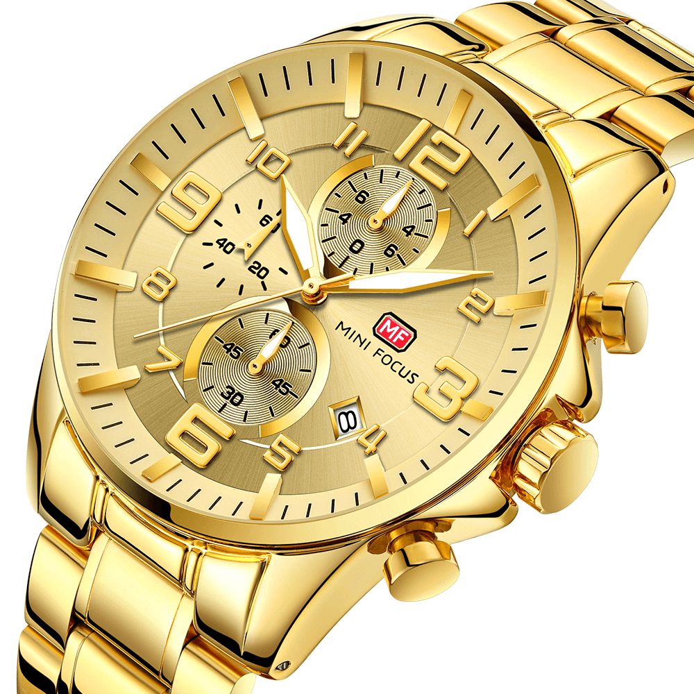 Mini Focus Mf0278G Royal Golden Roestvrij Staal Chronograaf Zakelijk Quartz Horloge Heren Polshorloge