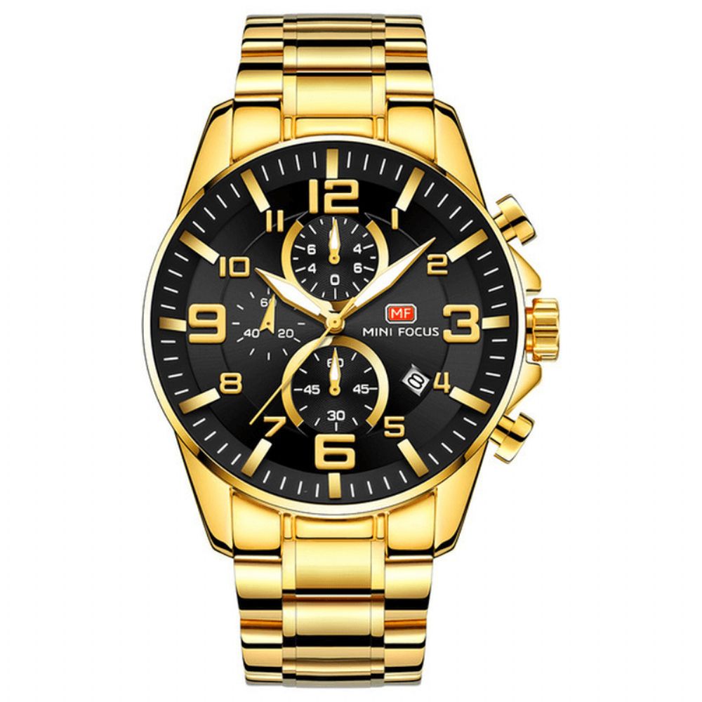 Mini Focus Mf0278G Royal Golden Roestvrij Staal Chronograaf Zakelijk Quartz Horloge Heren Polshorloge