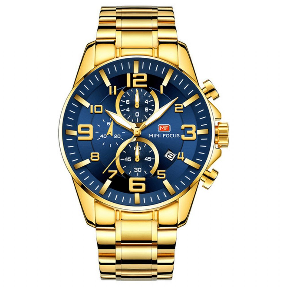 Mini Focus Mf0278G Royal Golden Roestvrij Staal Chronograaf Zakelijk Quartz Horloge Heren Polshorloge