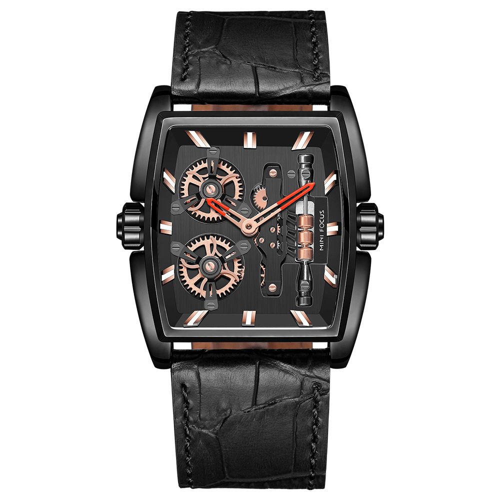 Mini Focus Mf0322G Creatieve Wijzerplaat Rechthoek Heren Polshorloge Lederen Band Quartz Horloge