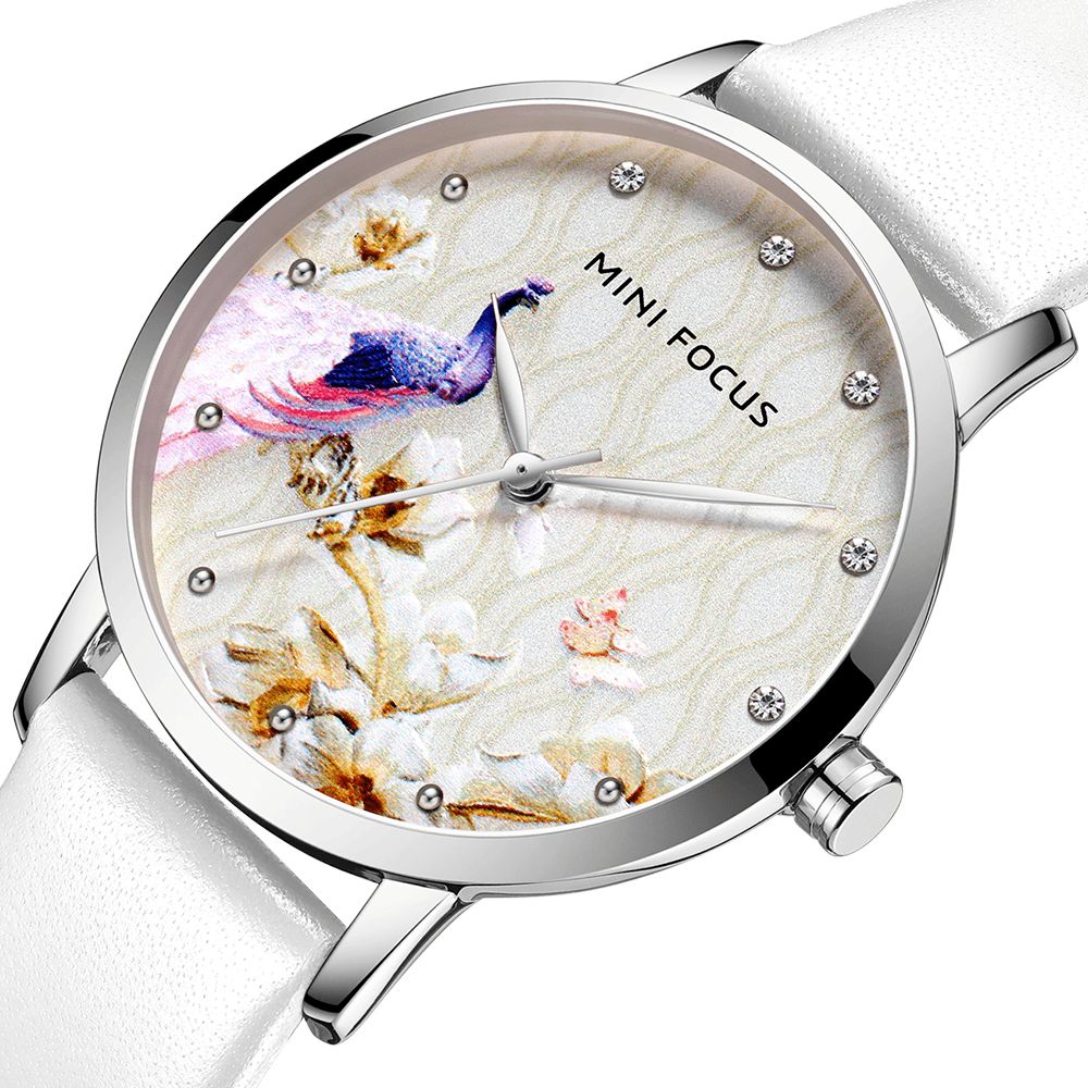 Mini Focus Mf0330L Mode Dames Pauw Bloempatroon Echt Leer Quartz Horloge