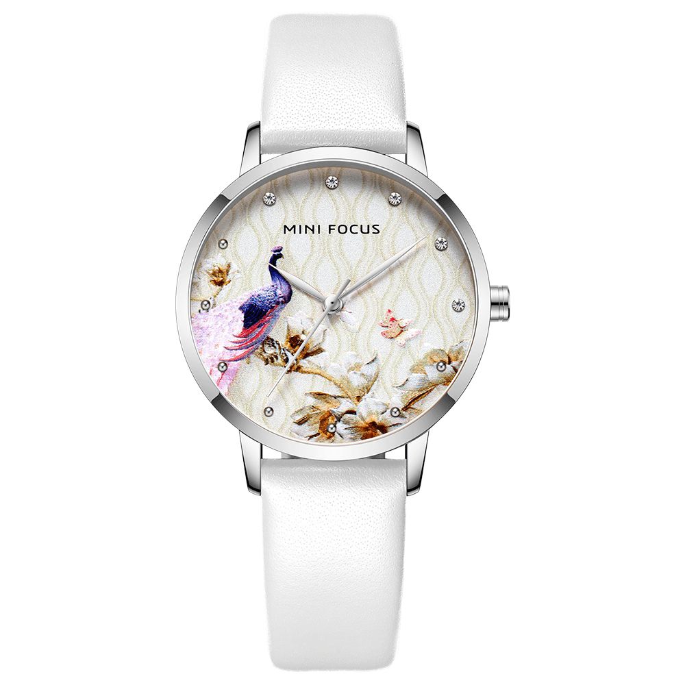 Mini Focus Mf0330L Mode Dames Pauw Bloempatroon Echt Leer Quartz Horloge