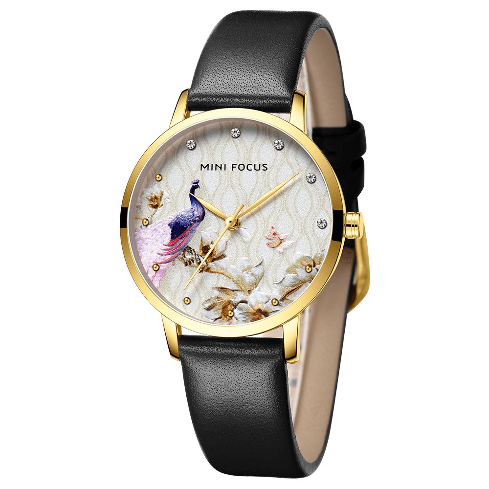 Mini Focus Mf0330L Mode Dames Pauw Bloempatroon Echt Leer Quartz Horloge