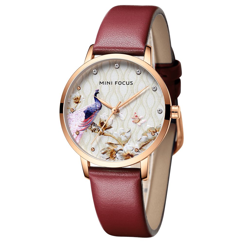 Mini Focus Mf0330L Mode Dames Pauw Bloempatroon Echt Leer Quartz Horloge