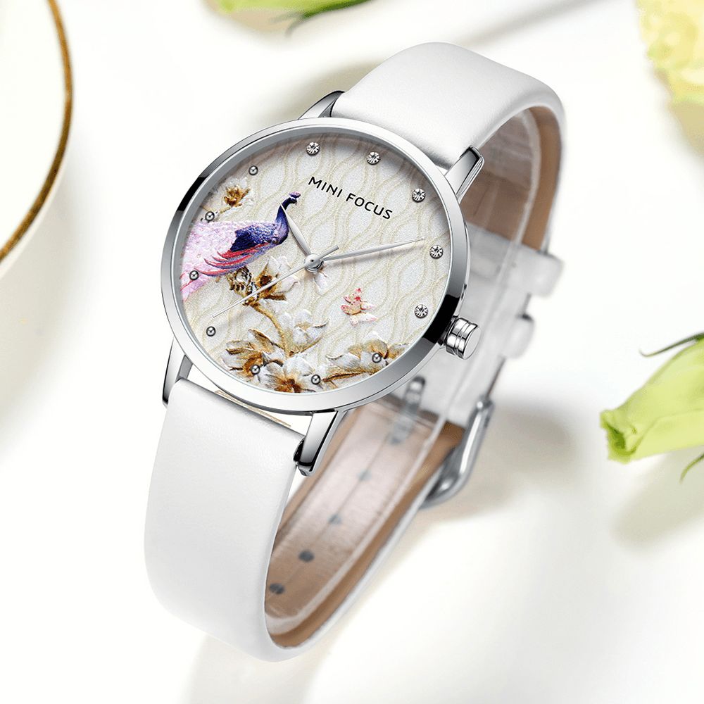 Mini Focus Mf0330L Mode Dames Pauw Bloempatroon Echt Leer Quartz Horloge