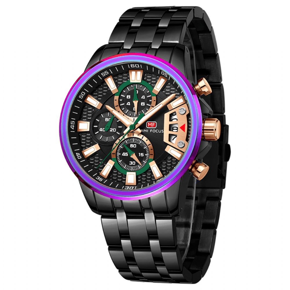 Mini Focus Mf0352G Multifunctioneel Kleurrijk Waterdicht Quartz Horloge Datumweergave Volledig Stalen Herenhorloges