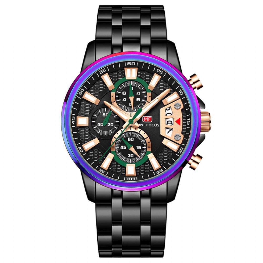 Mini Focus Mf0352G Multifunctioneel Kleurrijk Waterdicht Quartz Horloge Datumweergave Volledig Stalen Herenhorloges