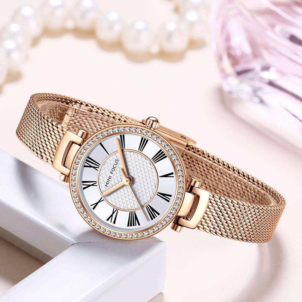 Mini Focus Mf0424L Elegant Dameshorloge Mode Casual Stalen Band Kristal Waterdicht Quartz Horloge