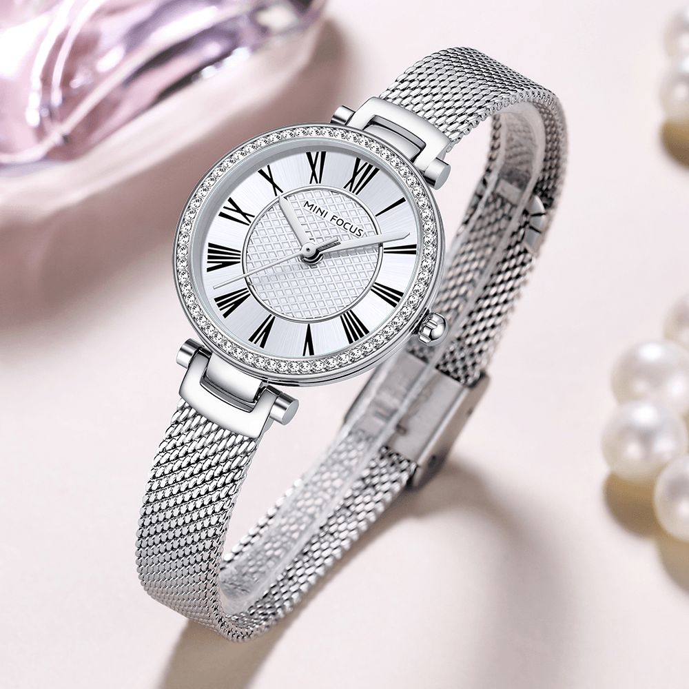 Mini Focus Mf0424L Elegant Dameshorloge Mode Casual Stalen Band Kristal Waterdicht Quartz Horloge