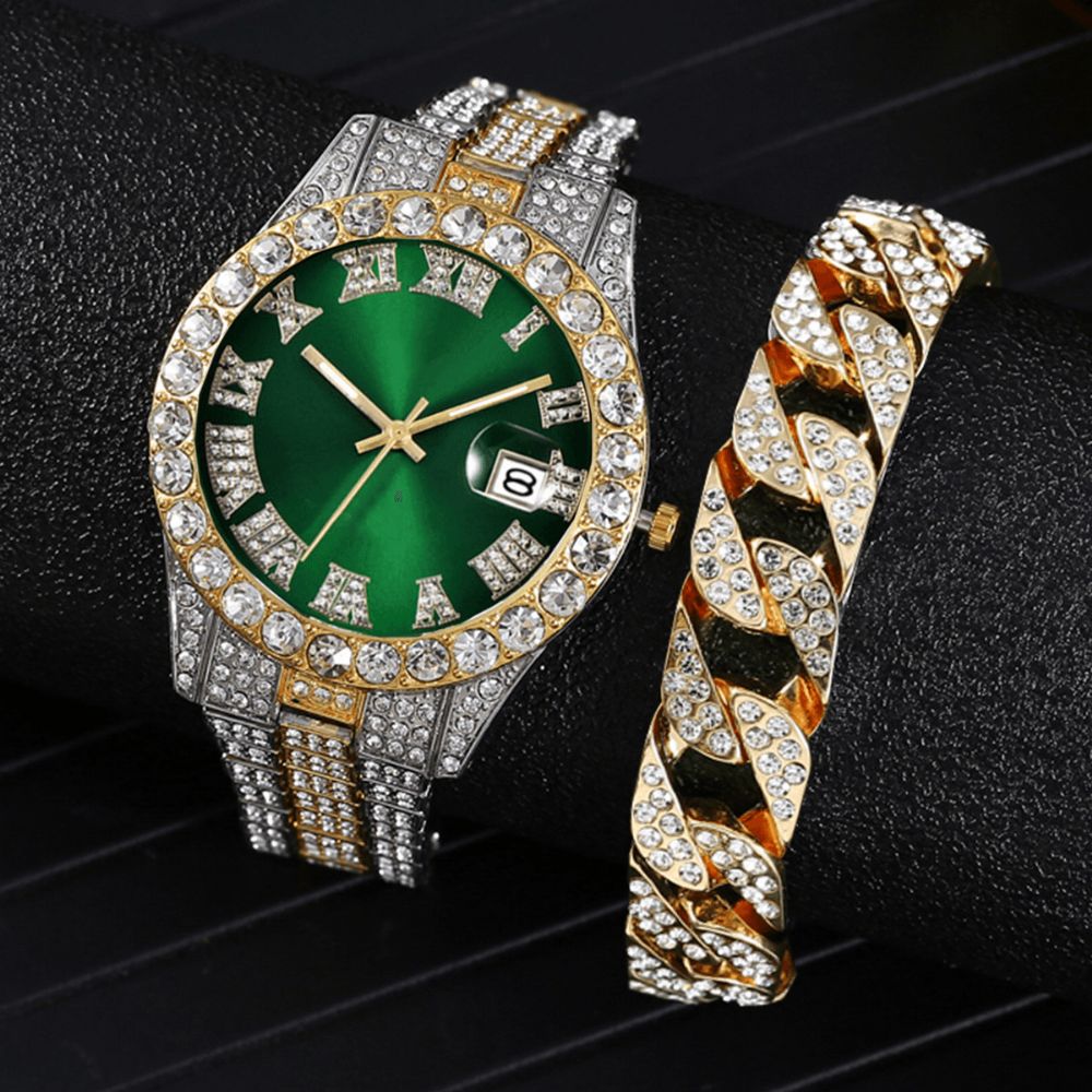 Mode 2 Stks Set Legering Diamant Zakelijk Horloge Versierd Pointer Quartz Horloge Armband