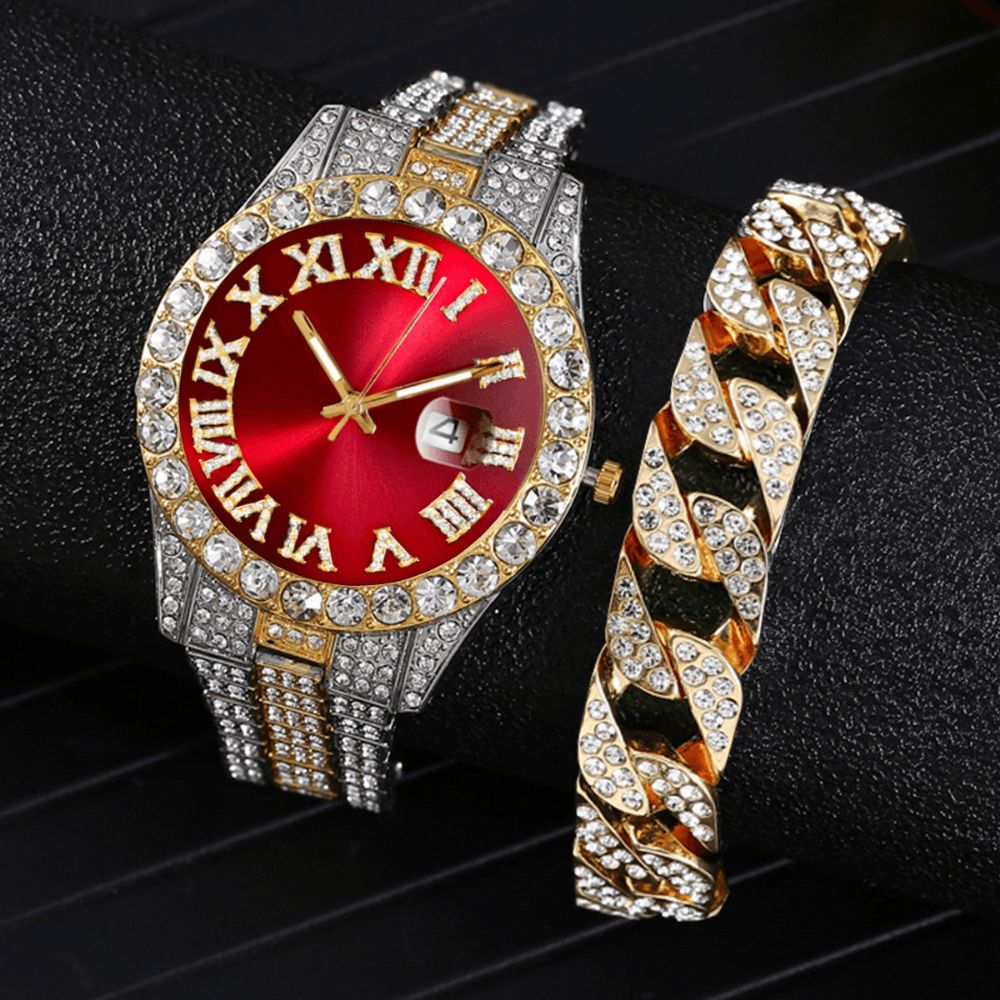 Mode 2 Stks Set Legering Diamant Zakelijk Horloge Versierd Pointer Quartz Horloge Armband