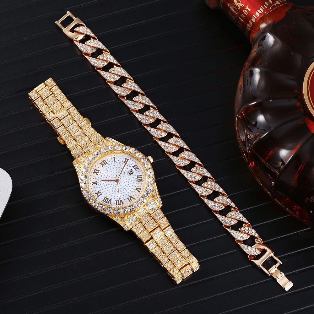 Mode 2 Stks Set Legering Diamant Zakelijk Horloge Versierd Pointer Quartz Horloge Armband