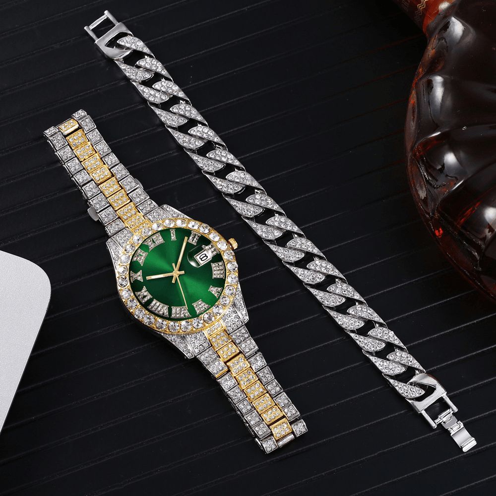 Mode 2 Stks Set Legering Diamant Zakelijk Horloge Versierd Pointer Quartz Horloge Armband