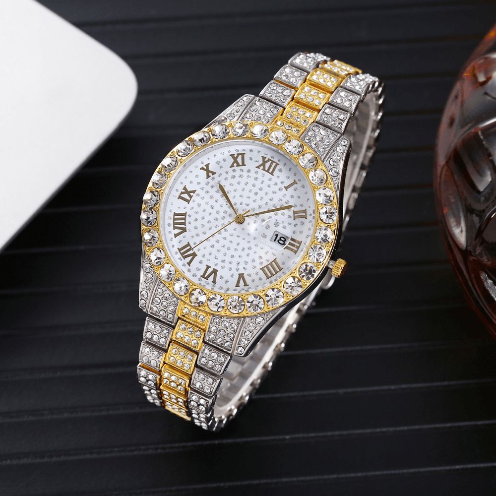 Mode 2 Stks Set Legering Diamant Zakelijk Horloge Versierd Pointer Quartz Horloge Armband