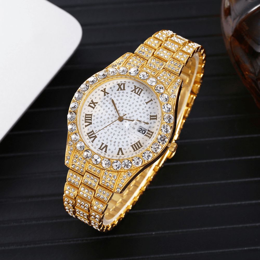 Mode 2 Stks Set Legering Diamant Zakelijk Horloge Versierd Pointer Quartz Horloge Armband