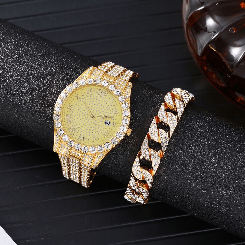 Mode 2 Stks Set Legering Diamant Zakelijk Horloge Versierd Pointer Quartz Horloge Armband