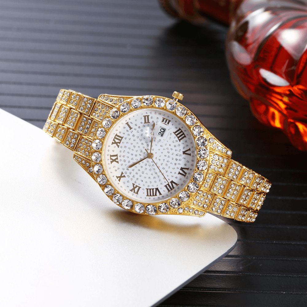 Mode 2 Stks Set Legering Diamant Zakelijk Horloge Versierd Pointer Quartz Horloge Armband