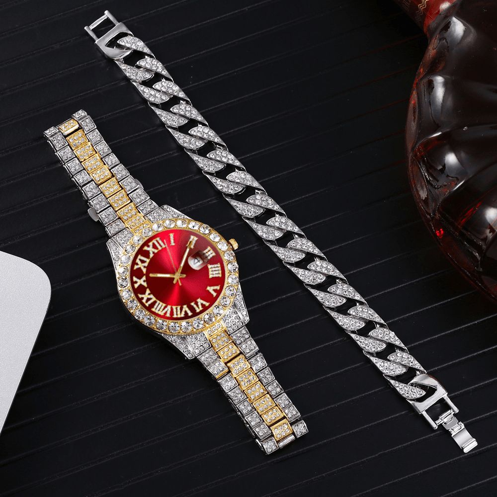 Mode 2 Stks Set Legering Diamant Zakelijk Horloge Versierd Pointer Quartz Horloge Armband