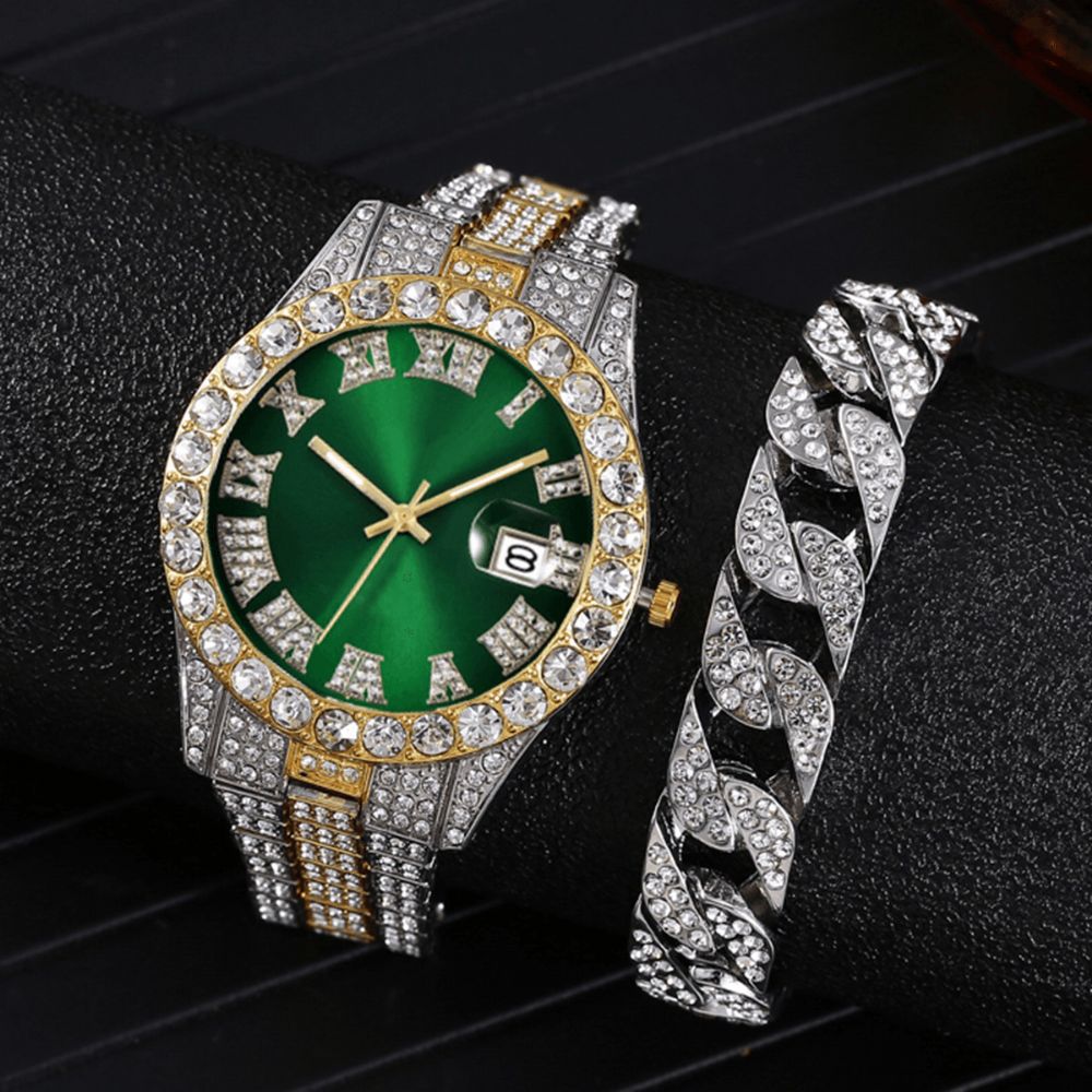 Mode 2 Stks Set Legering Diamant Zakelijk Horloge Versierd Pointer Quartz Horloge Armband