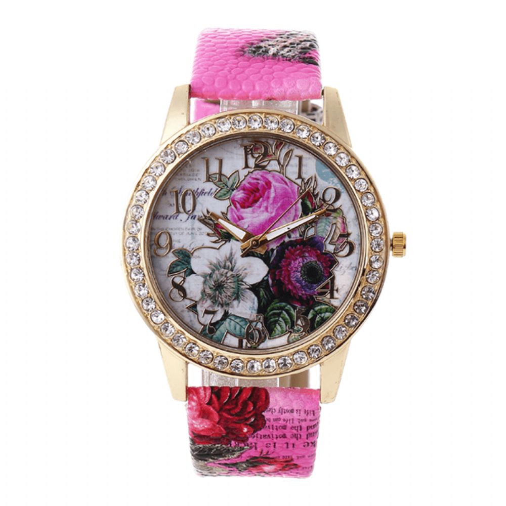 Mode Bohemen Stijl Vrouwen Horloge Lederen Band Retro Roze Patroon Quartz Horloge