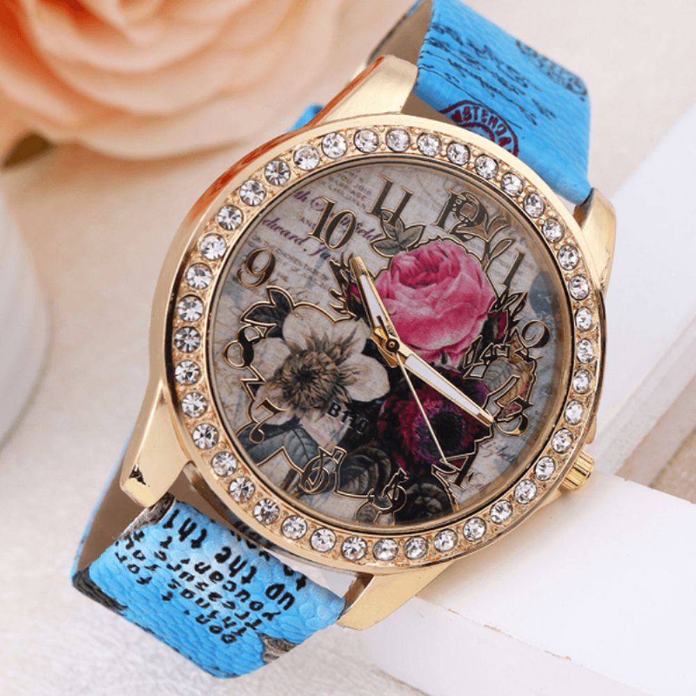 Mode Bohemen Stijl Vrouwen Horloge Lederen Band Retro Roze Patroon Quartz Horloge