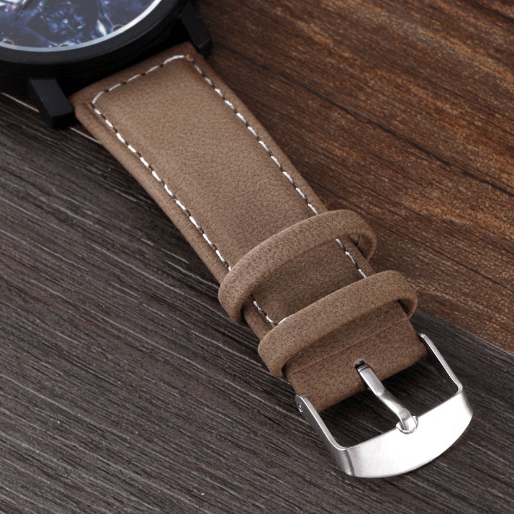 Mode Casual Creatieve Grote Wijzerplaat Lederen Band Heren Quartz Horloge