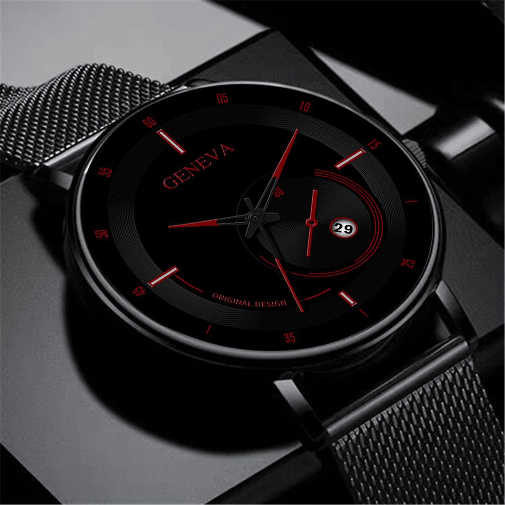 Mode Casual Gelegeerd Staal Zakelijk Casual Mesh Riem Kalender Man Quartz Horloge