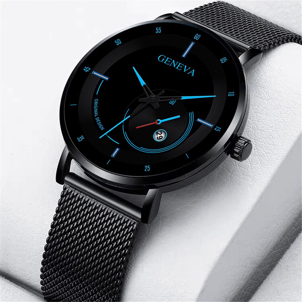 Mode Casual Gelegeerd Staal Zakelijk Casual Mesh Riem Kalender Man Quartz Horloge