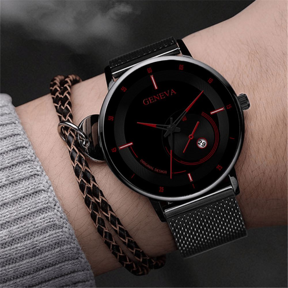 Mode Casual Gelegeerd Staal Zakelijk Casual Mesh Riem Kalender Man Quartz Horloge