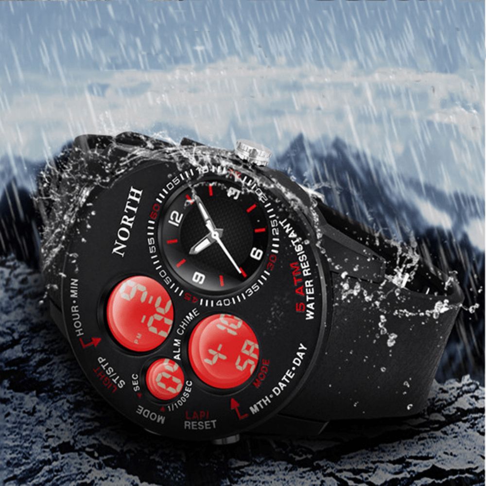 Mode Casual Heren Digitaal Horloge 5Atm Waterdicht Lichtgevende Week Datumweergave Stopwatch Dual Display Horloge