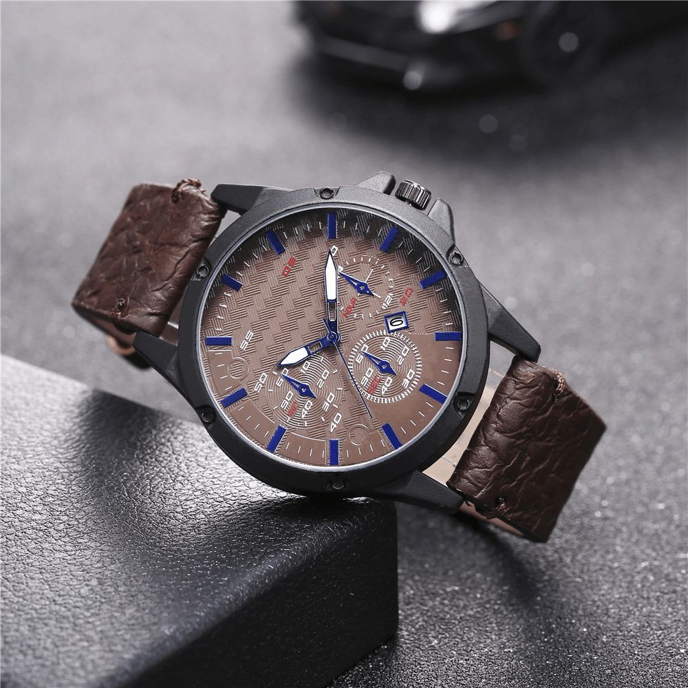 Mode Casual Legering Casual Vintage Kalender Pu Lederen Riem Horloge Quartz Horloge