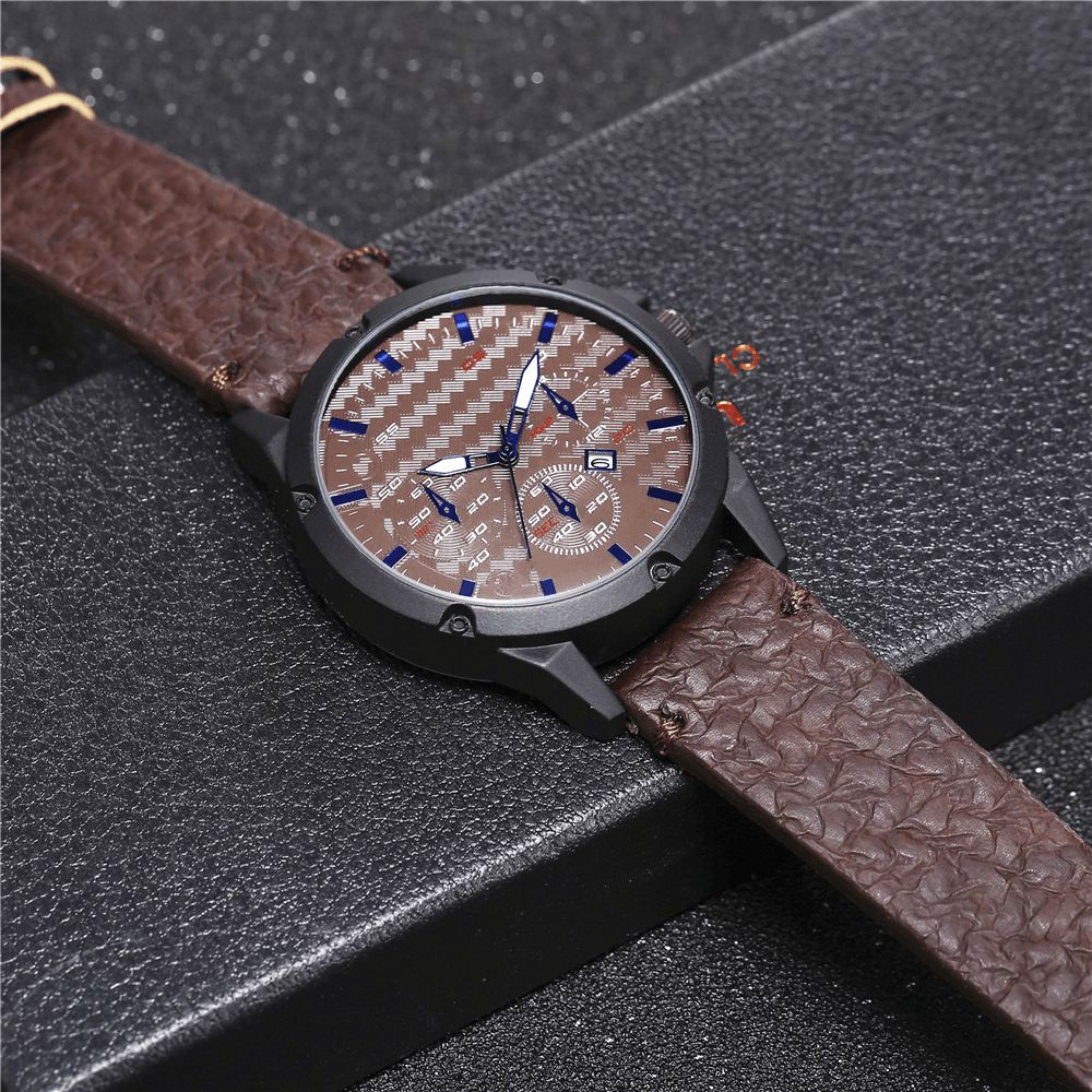 Mode Casual Legering Casual Vintage Kalender Pu Lederen Riem Horloge Quartz Horloge