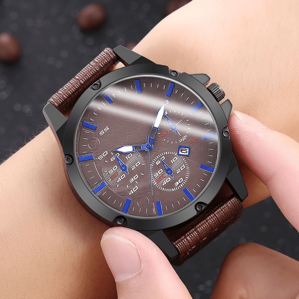 Mode Casual Legering Casual Vintage Kalender Pu Lederen Riem Horloge Quartz Horloge