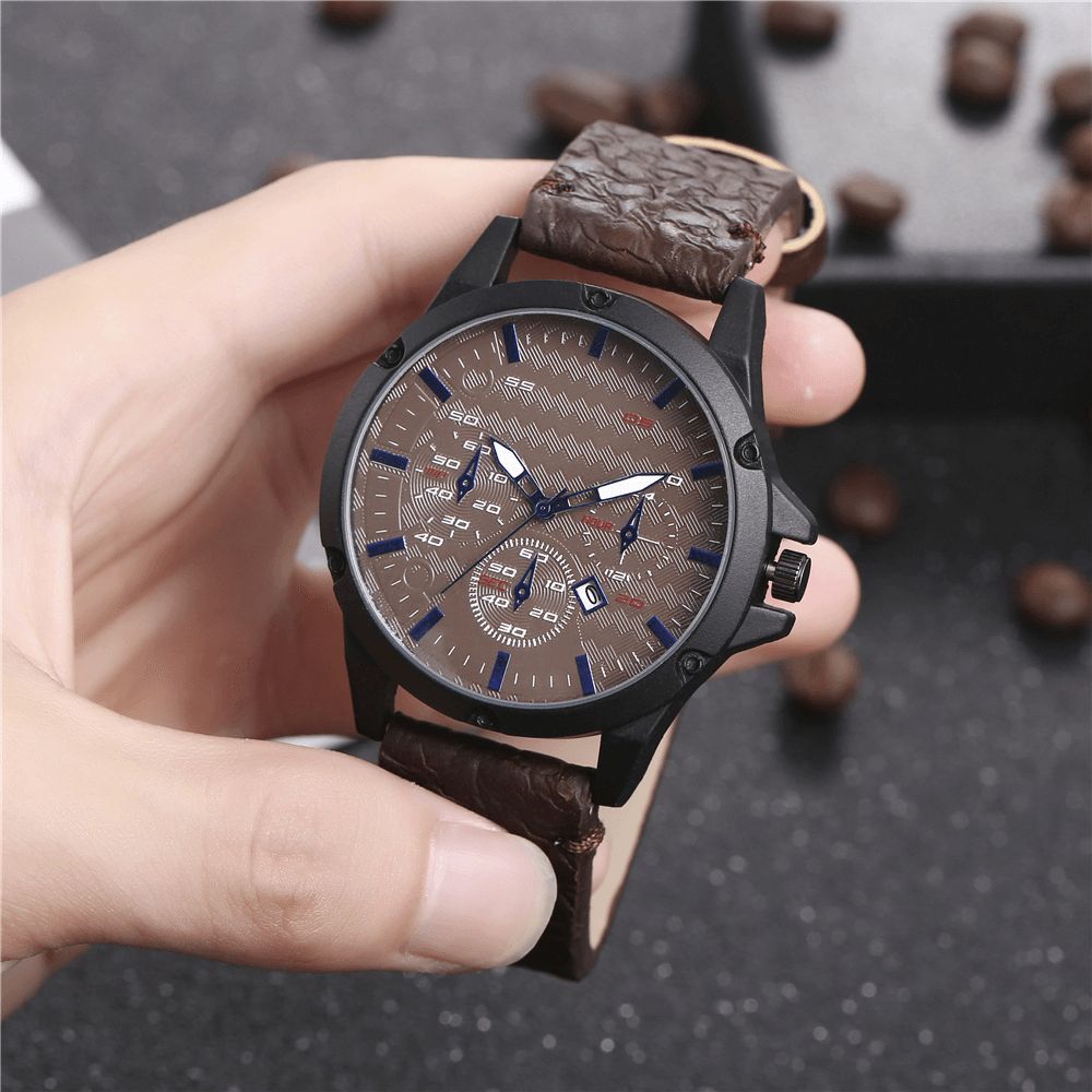 Mode Casual Legering Casual Vintage Kalender Pu Lederen Riem Horloge Quartz Horloge