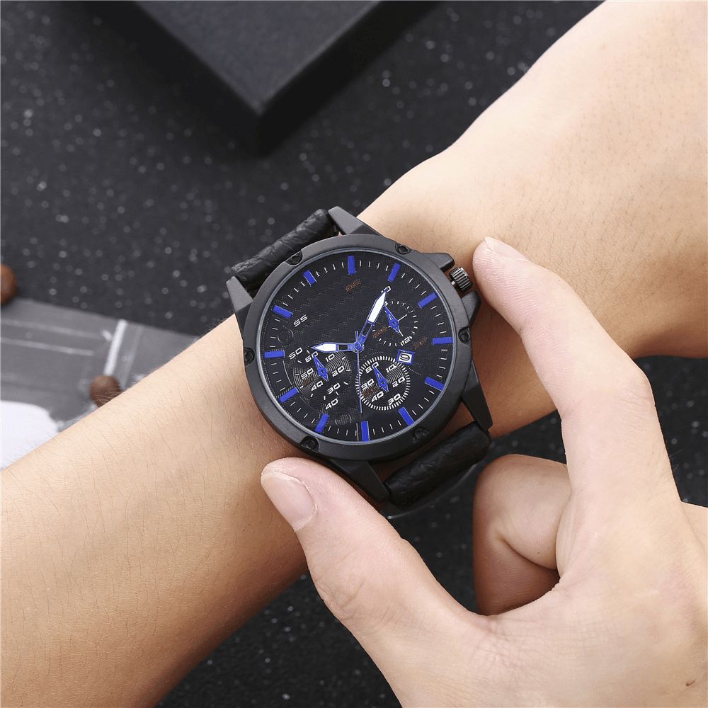 Mode Casual Legering Casual Vintage Kalender Pu Lederen Riem Horloge Quartz Horloge