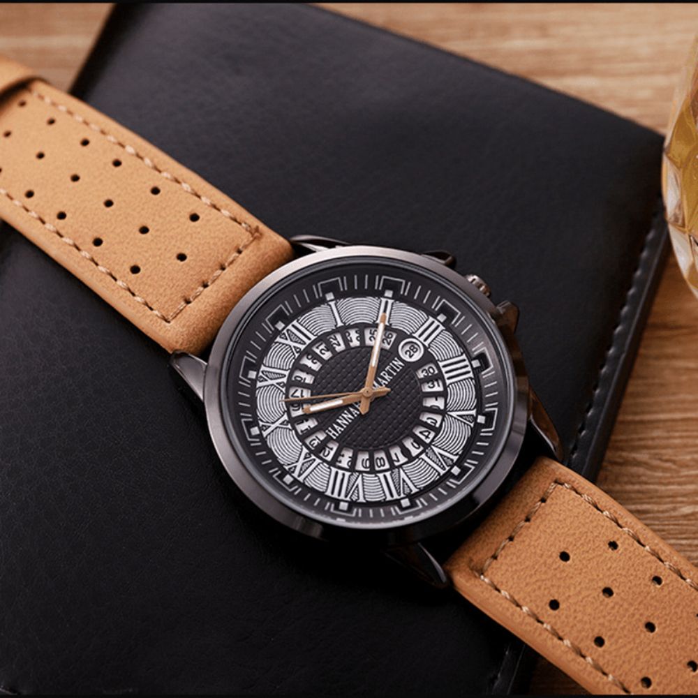 Mode Casual Romeinse Cijfers Creatieve Wijzerplaat Datumweergave Lederen Band Heren Quartz Horloge