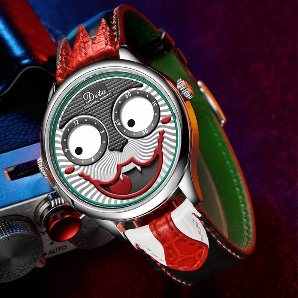 Mode Creatieve Joker Wijzerplaat Leer Roestvrijstalen Band Persoonlijkheid Legering Heren Quartz Horloge