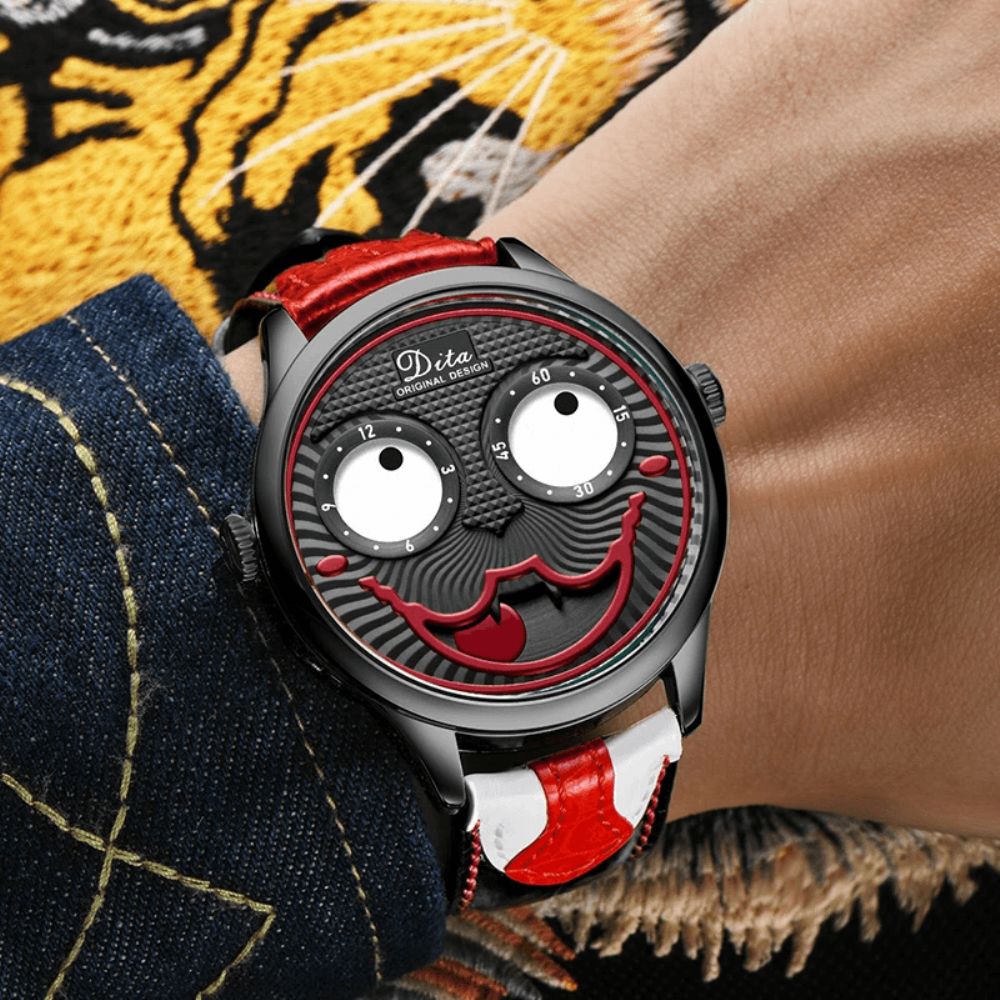 Mode Creatieve Joker Wijzerplaat Leer Roestvrijstalen Band Persoonlijkheid Legering Heren Quartz Horloge