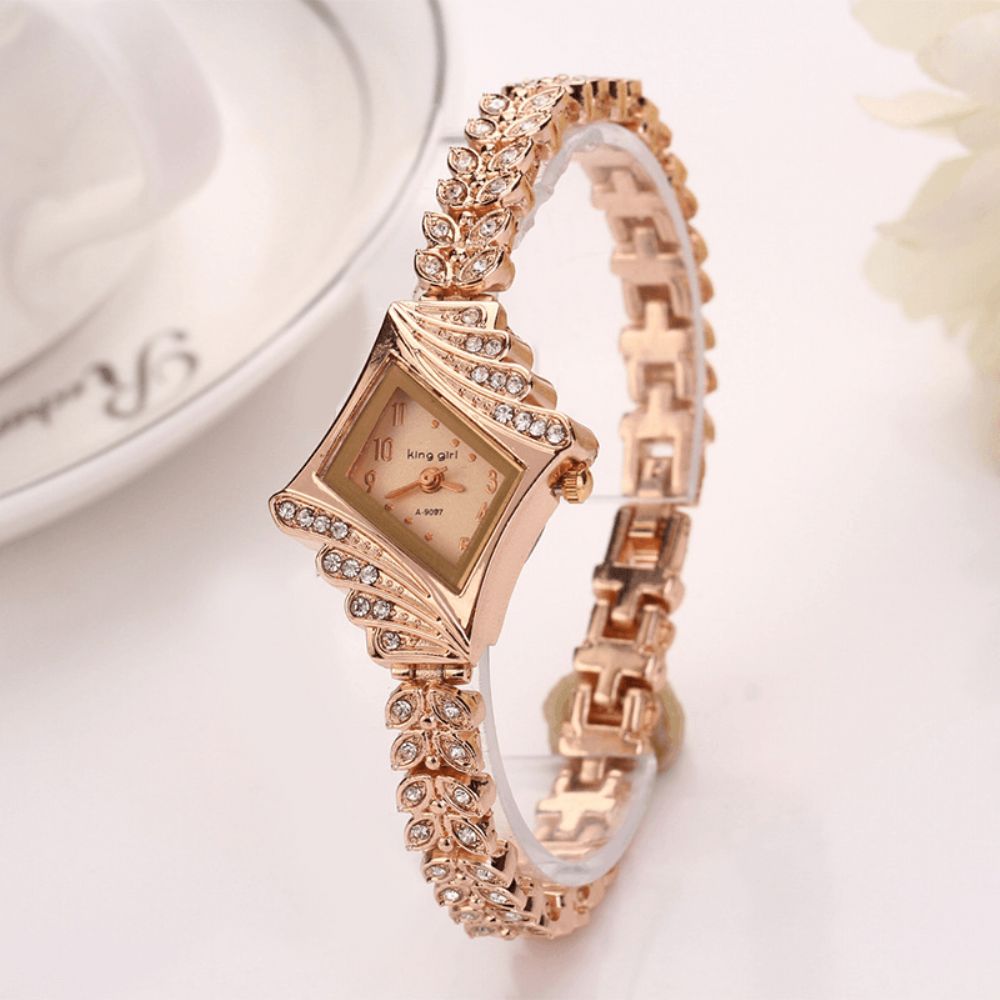 Mode Dames Jurk Bekijk De Diamond Shape Crystal Leaf Vrouwen Armband Quartz Horloge: