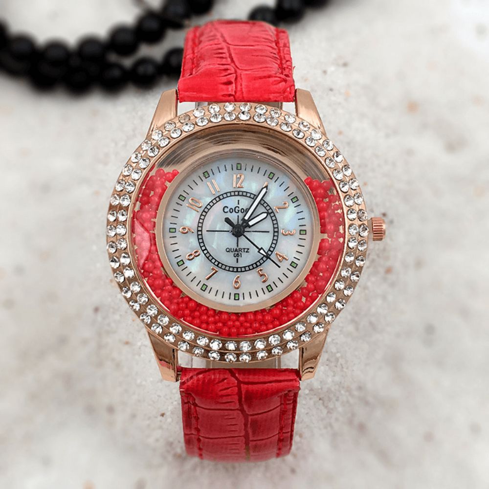 Mode Dames Jurk Kleurrijke Lederen Band Crystal Dames Quartz Horloge