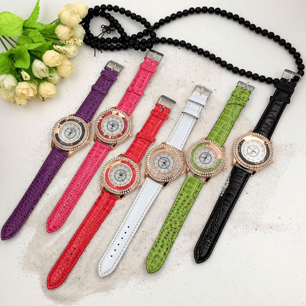 Mode Dames Jurk Kleurrijke Lederen Band Crystal Dames Quartz Horloge