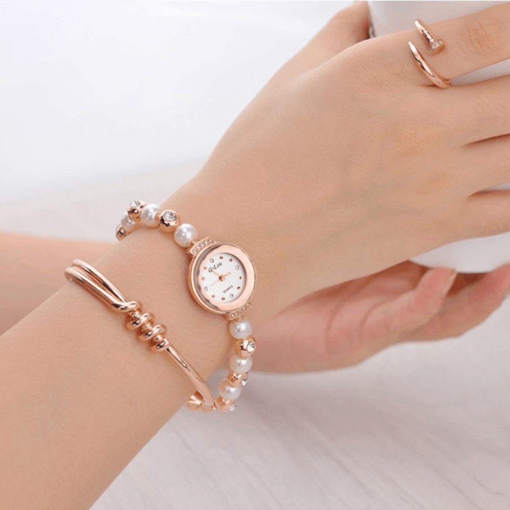 Mode Diamant Elegante Parel Dame Armband Horloge Vrouwen Quartz Horloge: