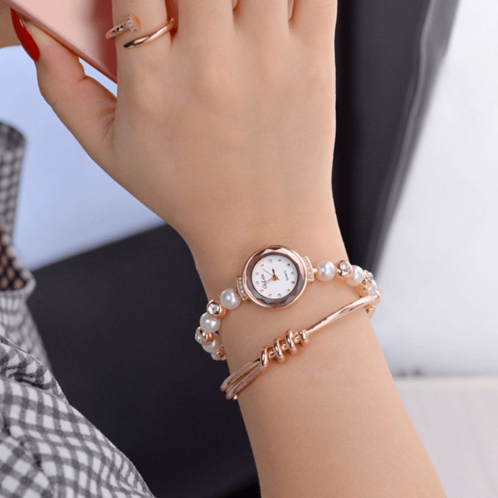 Mode Diamant Elegante Parel Dame Armband Horloge Vrouwen Quartz Horloge: