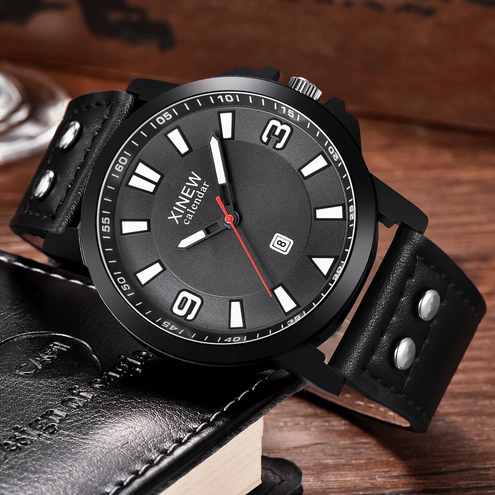 Mode Elegante Zakelijke Sport Grote Wijzerplaat Horloge Kalender Lederen Riem Heren Quartz Horloge